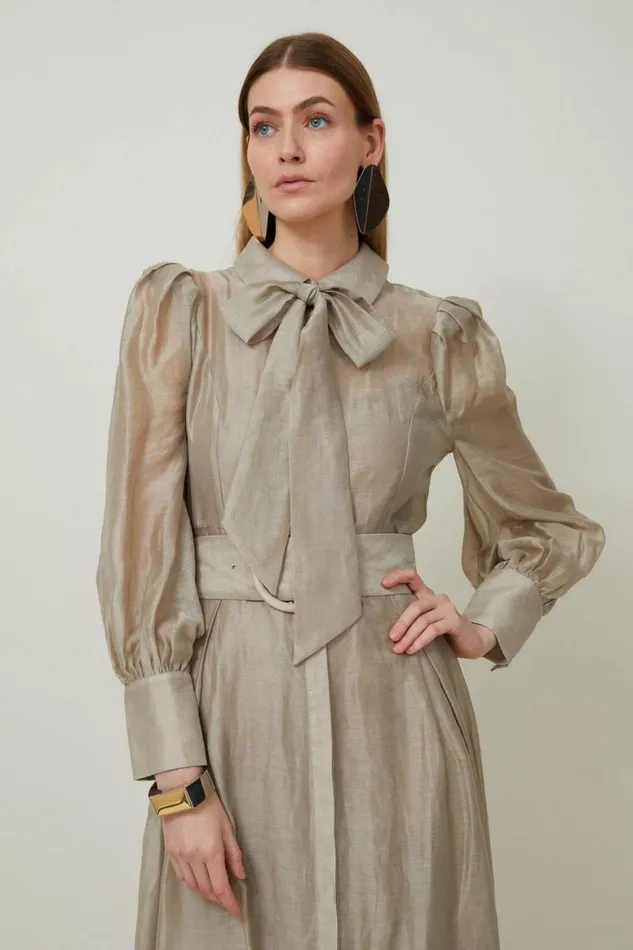 Dresses Women Karen Millen Linen Blend Organdie Woven Pussybow Midaxi Dress Champagne