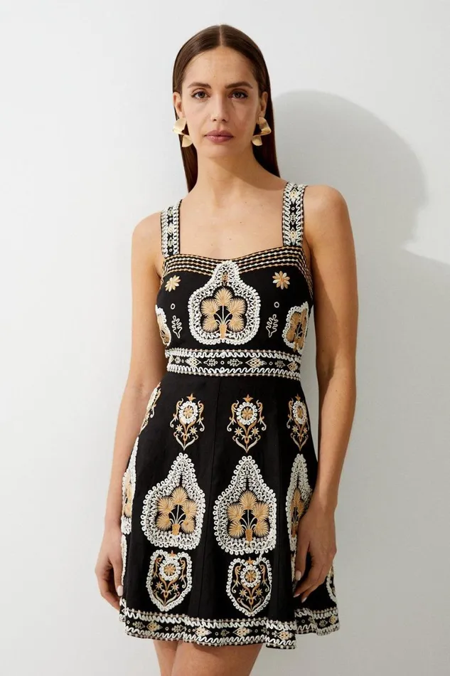 Dresses Women Karen Millen Linen Corded Embroidered Strappy Woven Mini Dress Black Dresses Women Karen Millen Linen Corded Embroidered Strappy Woven Mini Dress Black