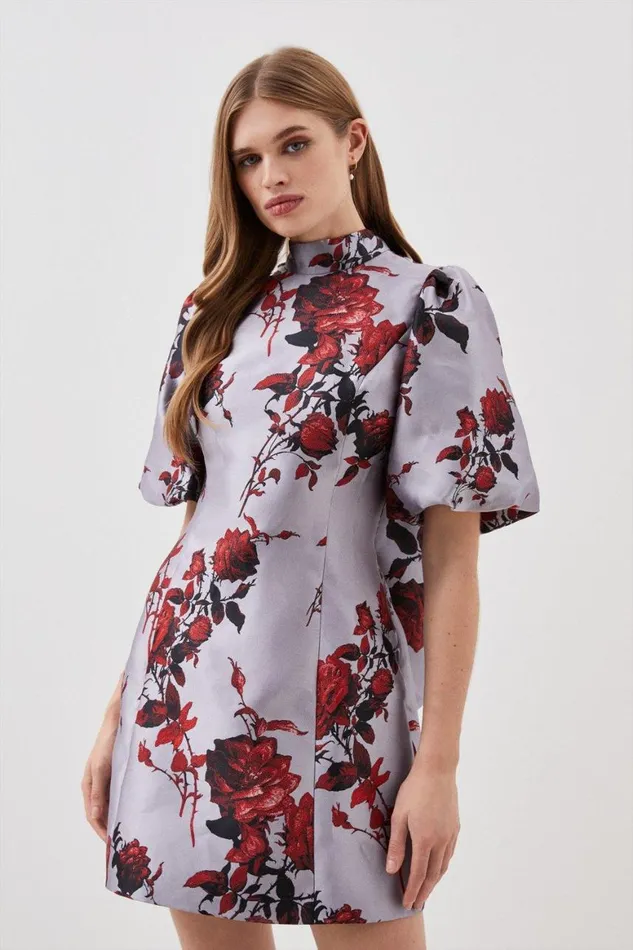 Dresses Women Karen Millen Lydia Millen Floral Jacquard Panelled Puff Sleeve Woven Mini Dress Floral