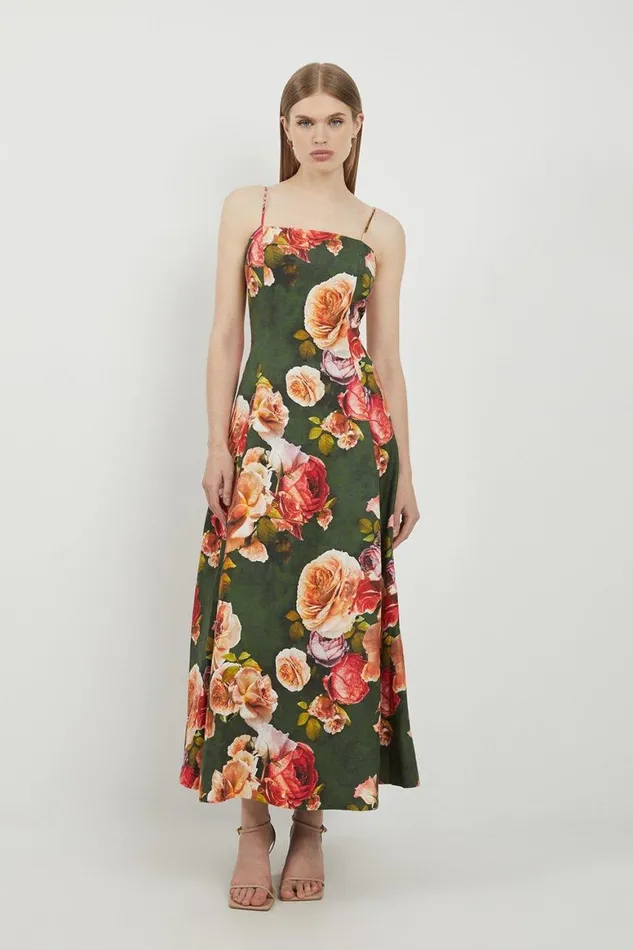 Dresses Women Karen Millen Lydia Millen Floral Printed Linen Woven Strappy Maxi Dress Floral