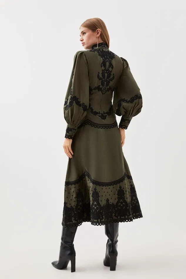 Dresses Women Karen Millen Lydia Millen Petite Cotton Cutwork Embroidered Woven Maxi Dress Khaki