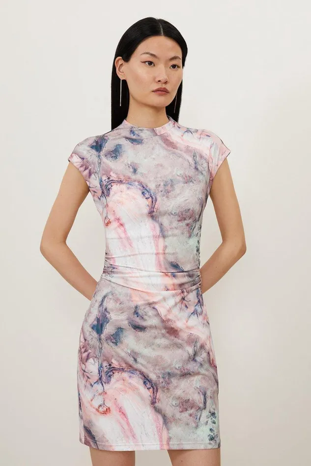 Dresses Women Karen Millen Marble Print Jersey Cap Sleeve Mini Dress Pink