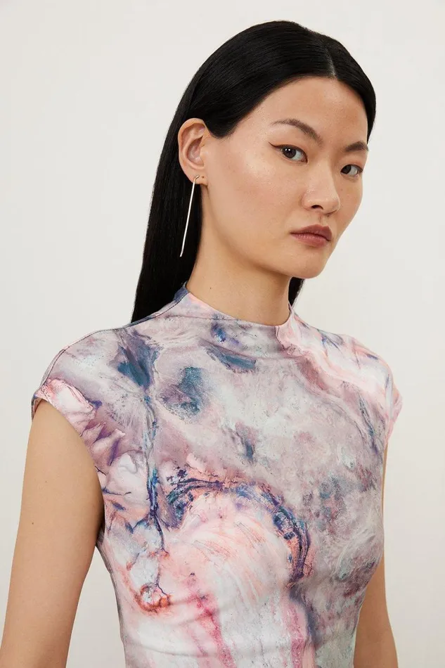 Dresses Women Karen Millen Marble Print Jersey Cap Sleeve Mini Dress Pink