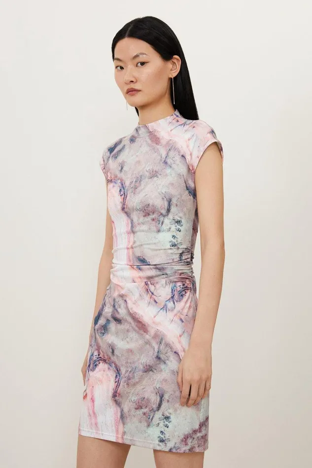 Dresses Women Karen Millen Marble Print Jersey Cap Sleeve Mini Dress Pink