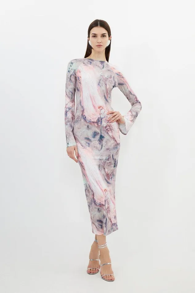 Dresses Women Karen Millen Marble Print Jersey Long Sleeve Maxi Dress Pink