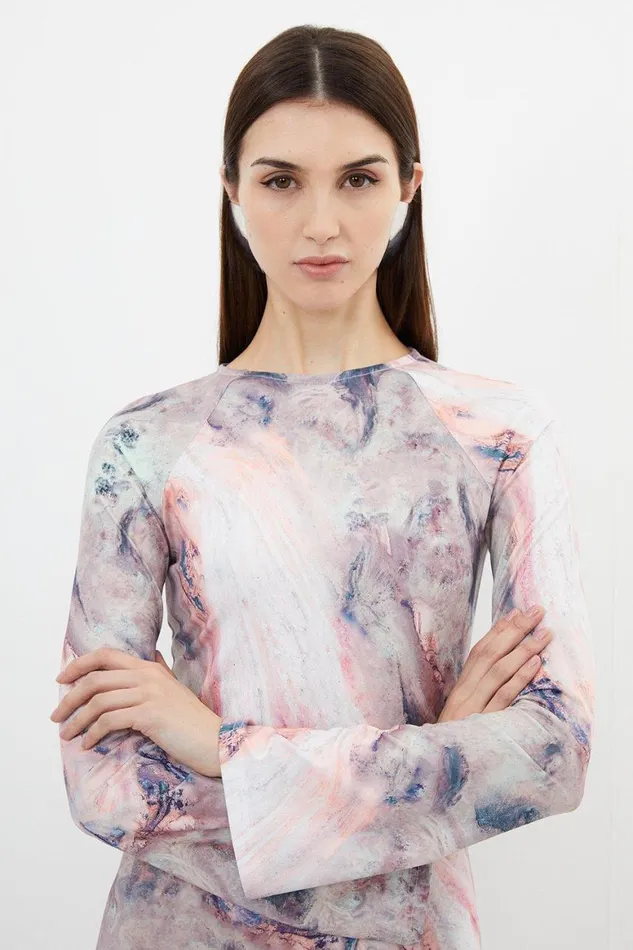 Dresses Women Karen Millen Marble Print Jersey Long Sleeve Maxi Dress Pink