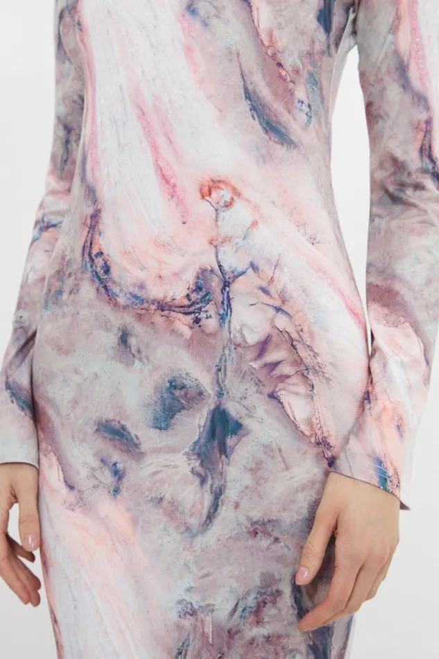 Dresses Women Karen Millen Marble Print Jersey Long Sleeve Maxi Dress Pink