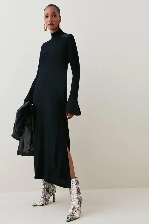 Dresses Women Karen Millen Merino Wool Silk Cuff Maxi Knit Dress Black