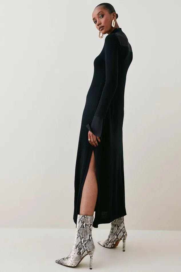 Dresses Women Karen Millen Merino Wool Silk Cuff Maxi Knit Dress Black