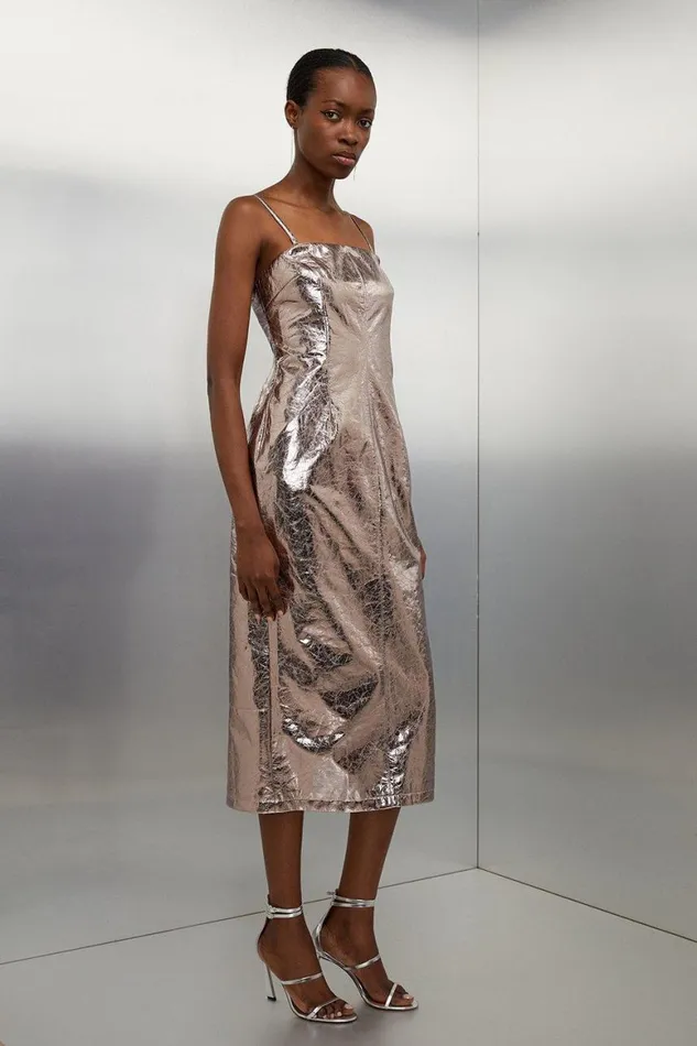 Dresses Women Karen Millen Metallic Faux Leather Bandeau Maxi Dress Pewter