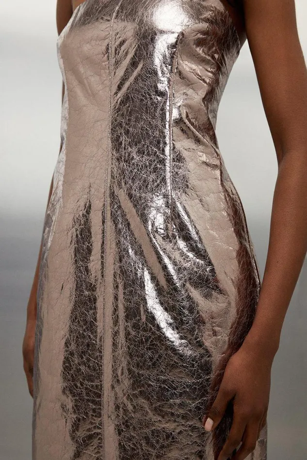 Dresses Women Karen Millen Metallic Faux Leather Bandeau Maxi Dress Pewter