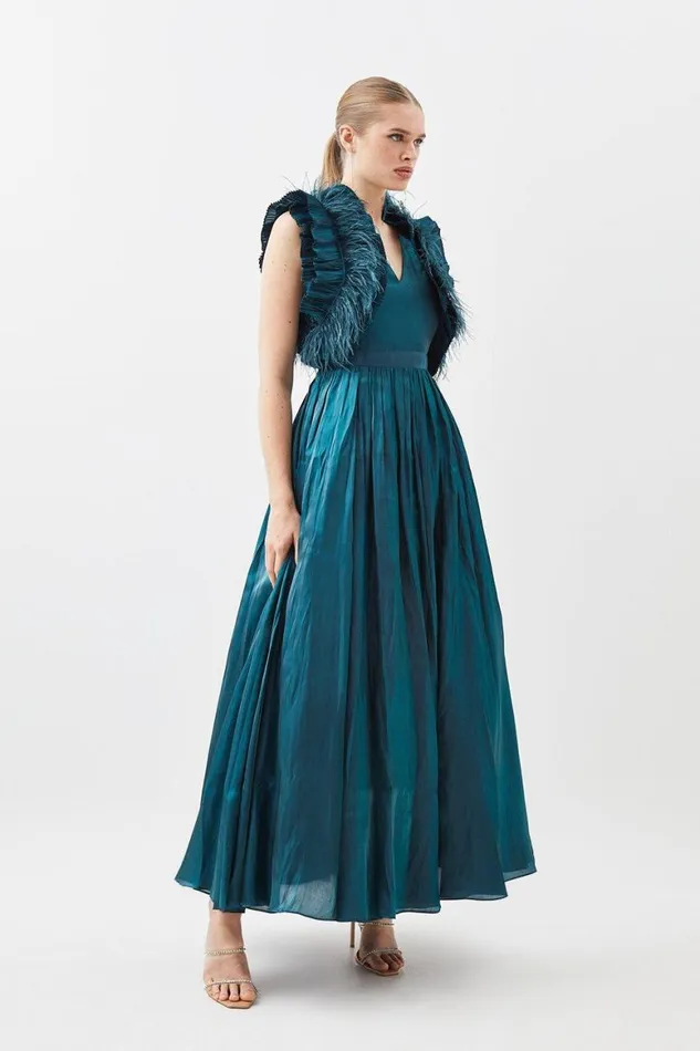 Dresses Women Karen Millen Metallic Feather Ruffle Woven Maxi Dress Green