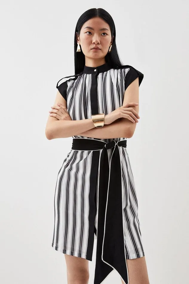 Dresses Women Karen Millen Military Striped Belted Woven Mini Dress Mono