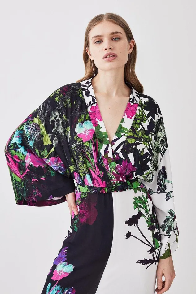 Dresses Women Karen Millen Mono Colourblock Floral Kimono Woven Midi Dress Mono