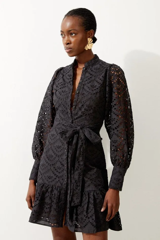 Dresses Women Karen Millen Petite Cotton Broderie Woven Tie Waist Mini Dress Black Dresses Women Karen Millen Petite Cotton Broderie Woven Tie Waist Mini Dress Black