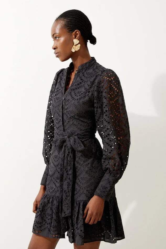 Dresses Women Karen Millen Petite Cotton Broderie Woven Tie Waist Mini Dress Black