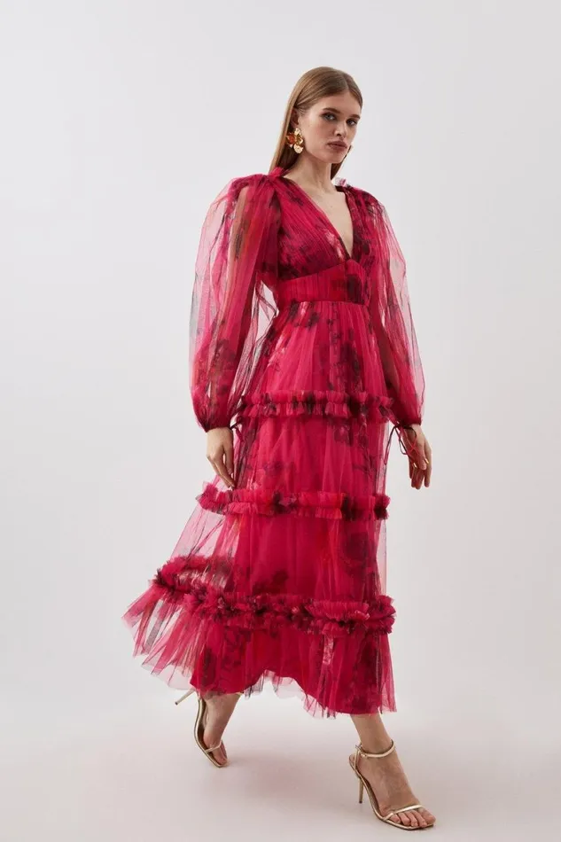 Dresses Women Karen Millen Petite Floral Tulle Plunge Woven Maxi Dress Floral