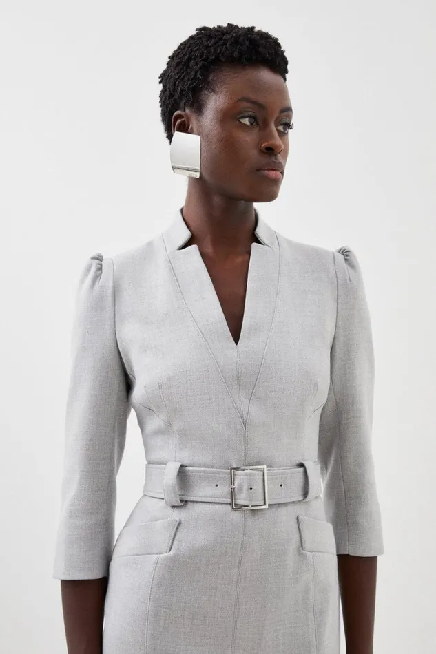 Dresses Women Karen Millen Petite Forever Belted Pencil Midi Dress Light Grey