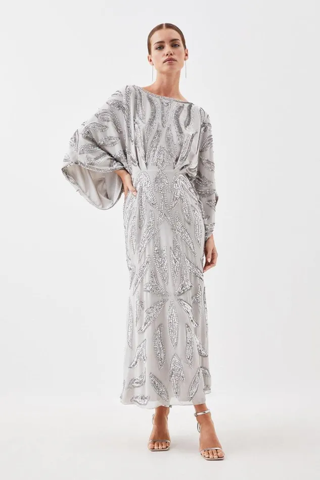 Dresses Women Karen Millen Petite Kimono Sleeve Embellished Woven Maxi Dress Silver Dresses Women Karen Millen Petite Kimono Sleeve Embellished Woven Maxi Dress Silver