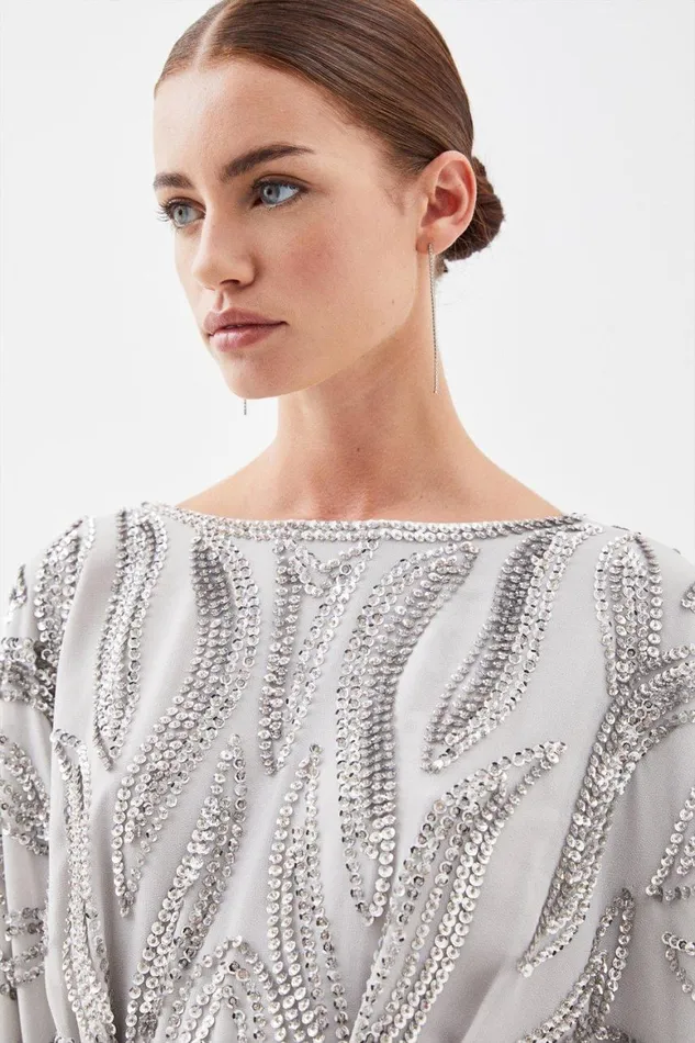Dresses Women Karen Millen Petite Kimono Sleeve Embellished Woven Maxi Dress Silver