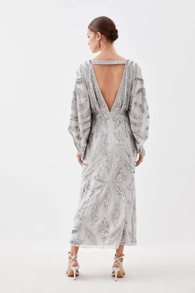 Dresses Women Karen Millen Petite Kimono Sleeve Embellished Woven Maxi Dress Silver