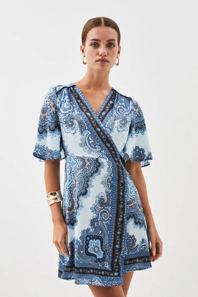 Dresses Women Karen Millen Petite Scarf Printed Hammered Satin Woven Wrap Mini Dress Blue