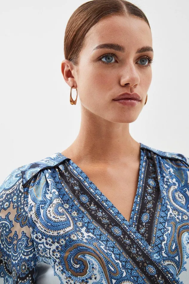 Dresses Women Karen Millen Petite Scarf Printed Hammered Satin Woven Wrap Mini Dress Blue