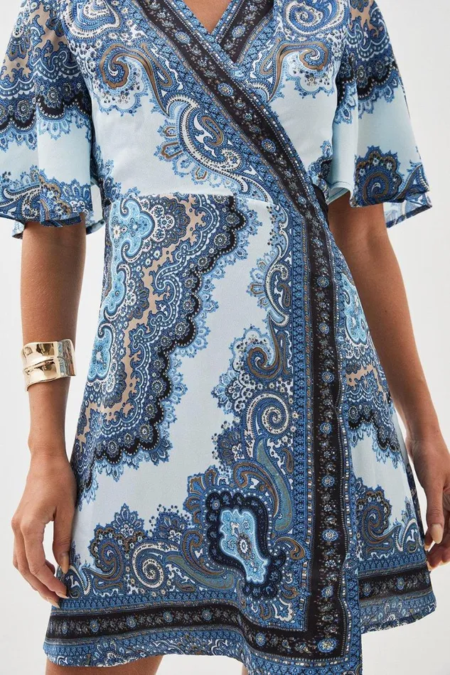 Dresses Women Karen Millen Petite Scarf Printed Hammered Satin Woven Wrap Mini Dress Blue