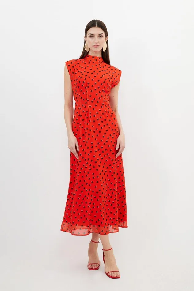 Dresses Women Karen Millen Petite Spot Print Georgette Woven Pintuck Waist Midi Dress Red Dresses Women Karen Millen Petite Spot Print Georgette Woven Pintuck Waist Midi Dress Red