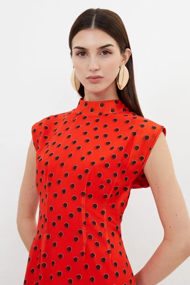 Dresses Women Karen Millen Petite Spot Print Georgette Woven Pintuck Waist Midi Dress Red