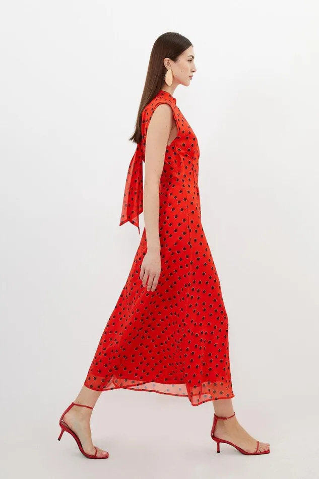 Dresses Women Karen Millen Petite Spot Print Georgette Woven Pintuck Waist Midi Dress Red
