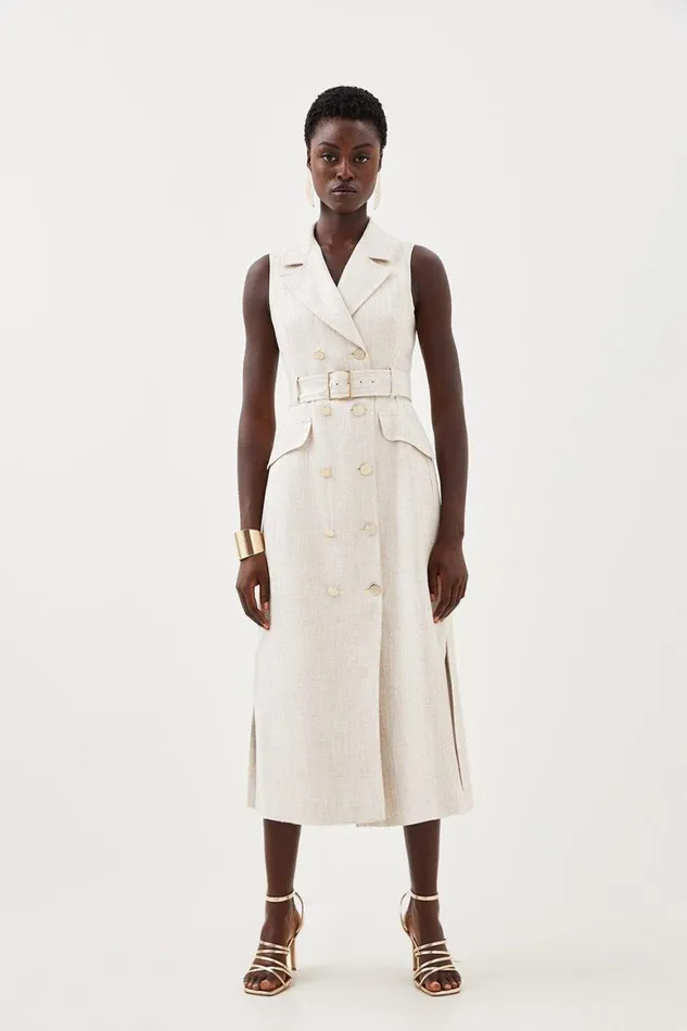 Dresses Women Karen Millen Petite Tailored Double Breasted Belted Midi Dress Natural