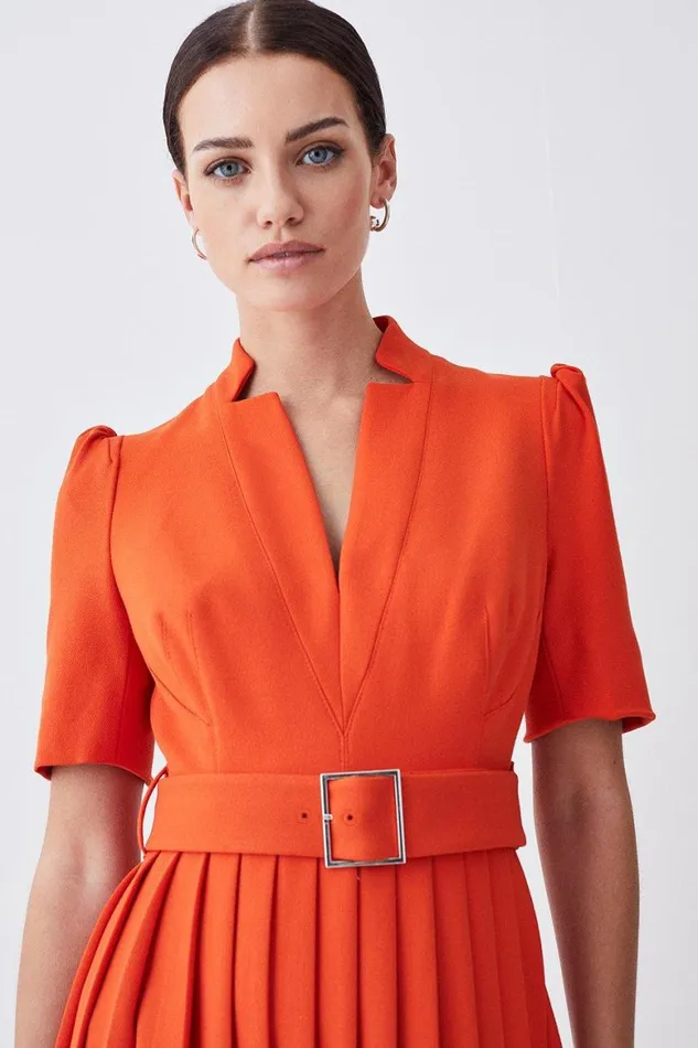 Dresses Women Karen Millen Petite Tailored Structured Crepe Forever Pleat Midi Dress Orange