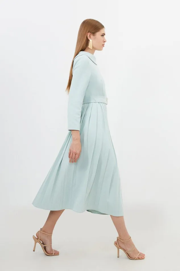 Dresses Women Karen Millen Petite Tailored Structured Crepe Pleated Midi Dress Sage