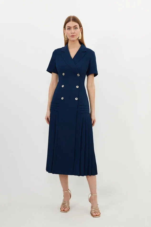 Dresses Women Karen Millen Pleated Button Detailed Woven Midi Dress Navy