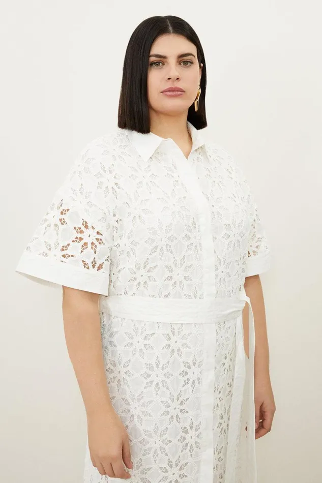 Dresses Women Karen Millen Plus Size Crafted Cotton Embroidery Woven Shirt Maxi Dress White