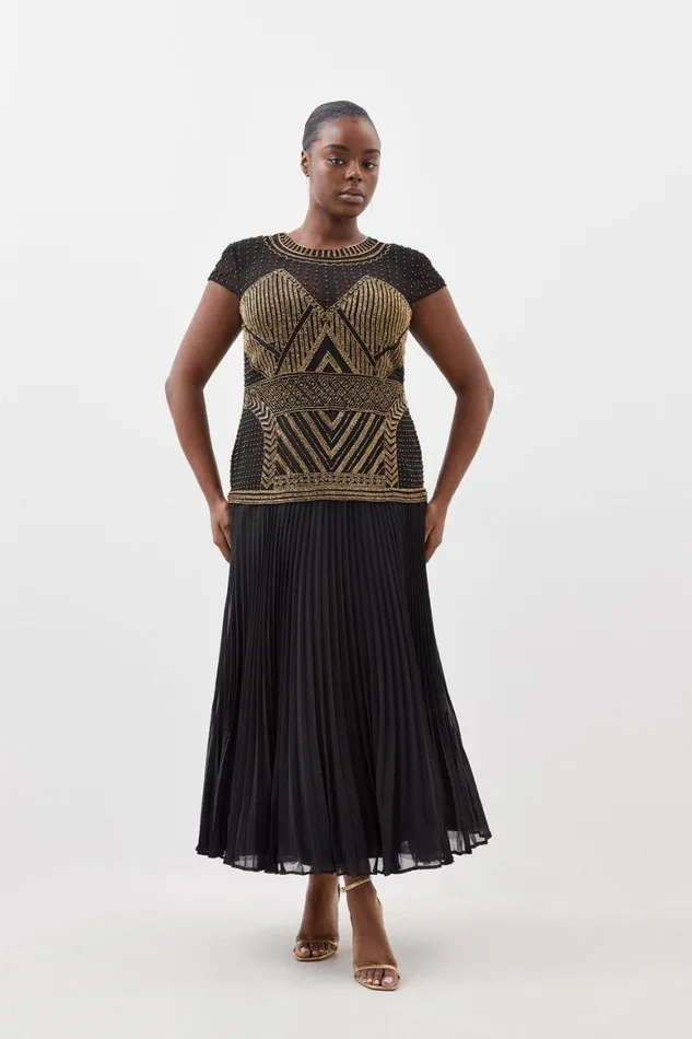 Dresses Women Karen Millen Plus Size Gold Embellished Pleated Woven Maxi Dress
