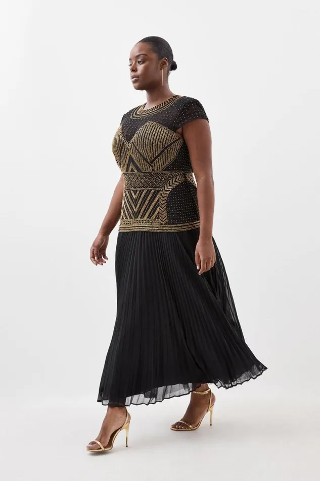 Dresses Women Karen Millen Plus Size Gold Embellished Pleated Woven Maxi Dress
