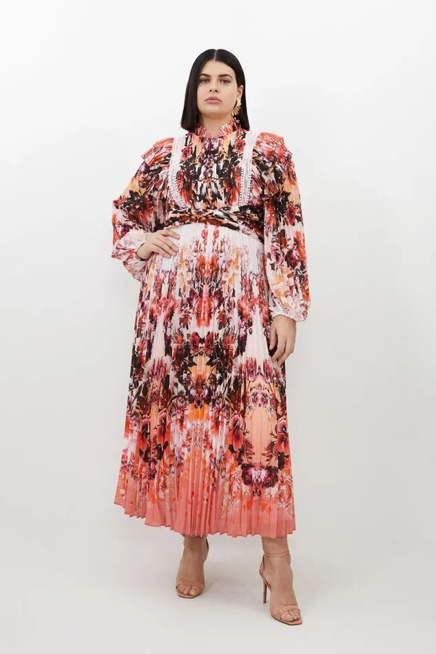 Dresses Women Karen Millen Plus Size Mirrored Floral Print Pleated Woven Maxi Dress Floral