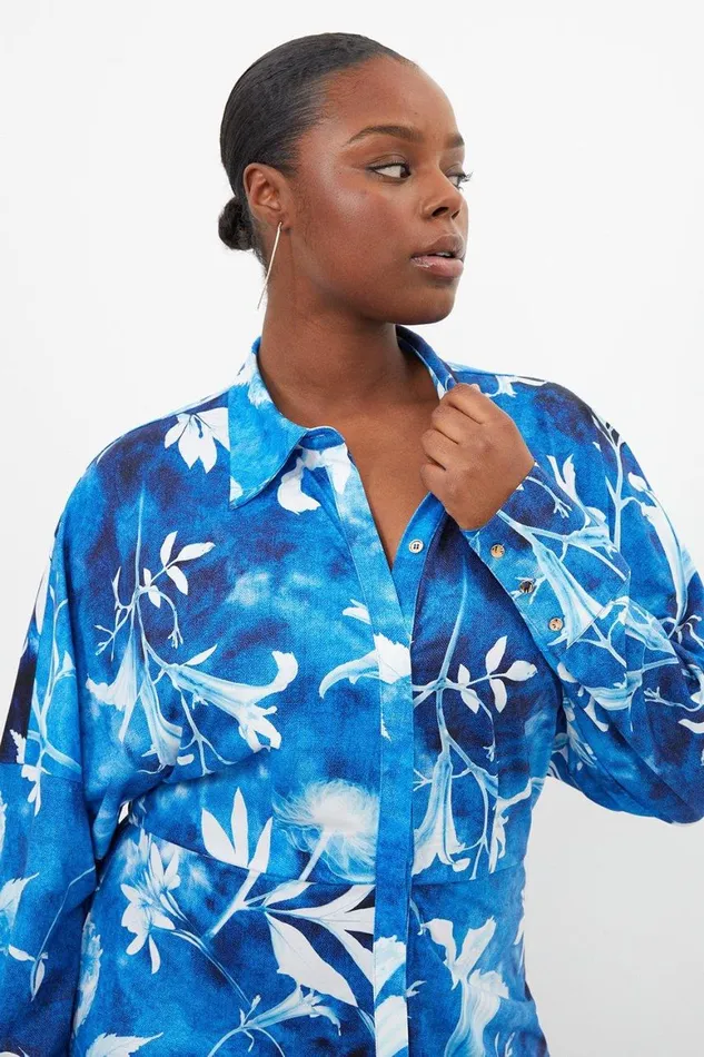 Dresses Women Karen Millen Plus Size Pressed Floral Jersey Crepe Maxi Shirt Dress Blue