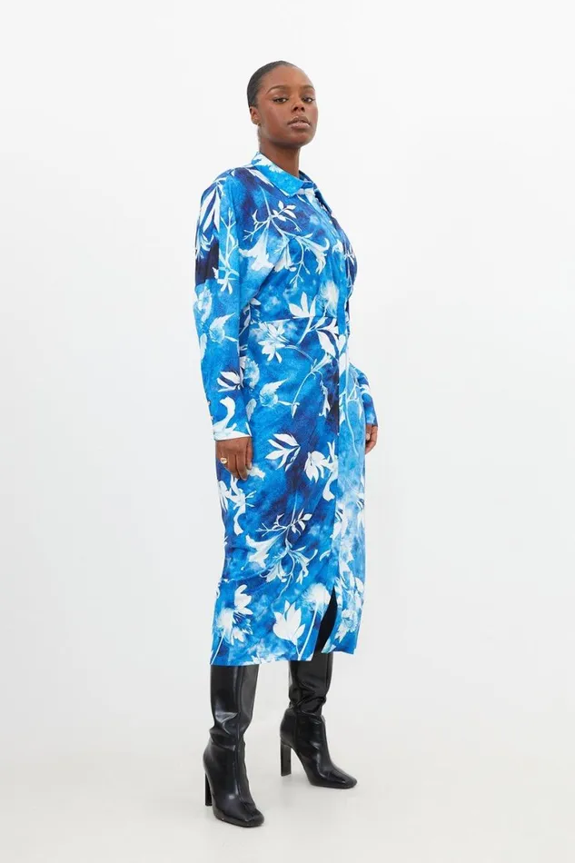 Dresses Women Karen Millen Plus Size Pressed Floral Jersey Crepe Maxi Shirt Dress Blue