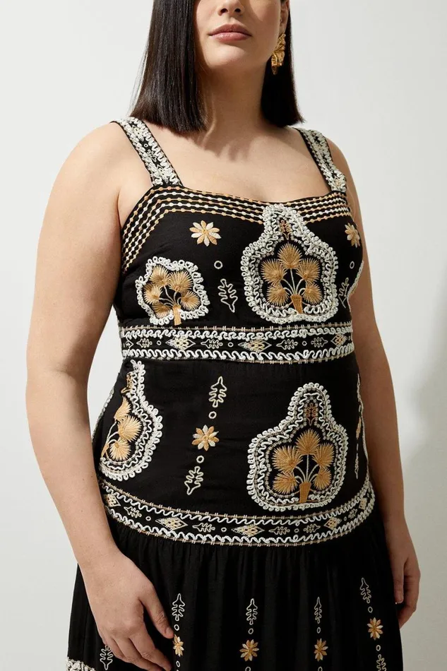 Dresses Women Karen Millen Plus Size Woven Embroidered Strappy Woven Maxi Dress Black