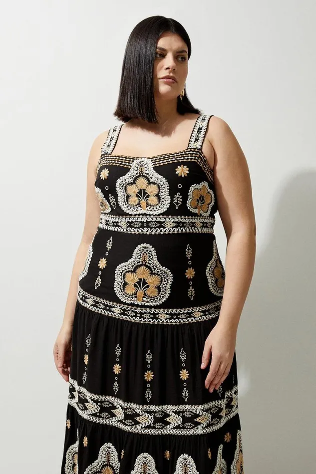 Dresses Women Karen Millen Plus Size Woven Embroidered Strappy Woven Maxi Dress Black