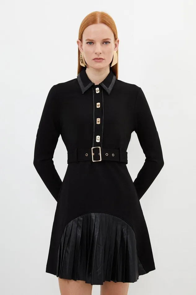 Dresses Women Karen Millen Ponte And Pu Pleated Belted Mini Dress Black