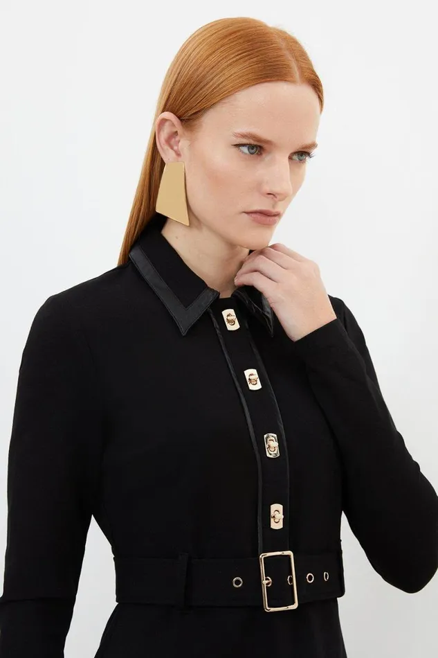 Dresses Women Karen Millen Ponte And Pu Pleated Belted Mini Dress Black