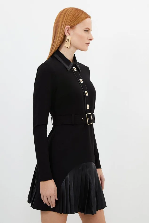 Dresses Women Karen Millen Ponte And Pu Pleated Belted Mini Dress Black