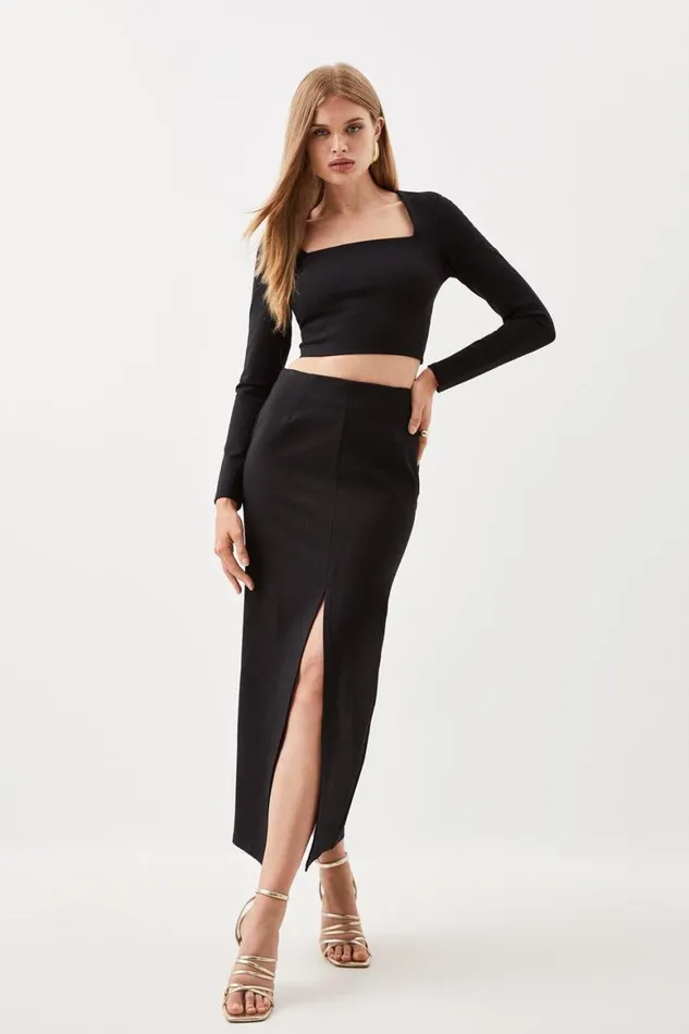 Dresses Women Karen Millen Ponte Long Sleeve Crop Top And Split Front Skirt Jersey Set Black