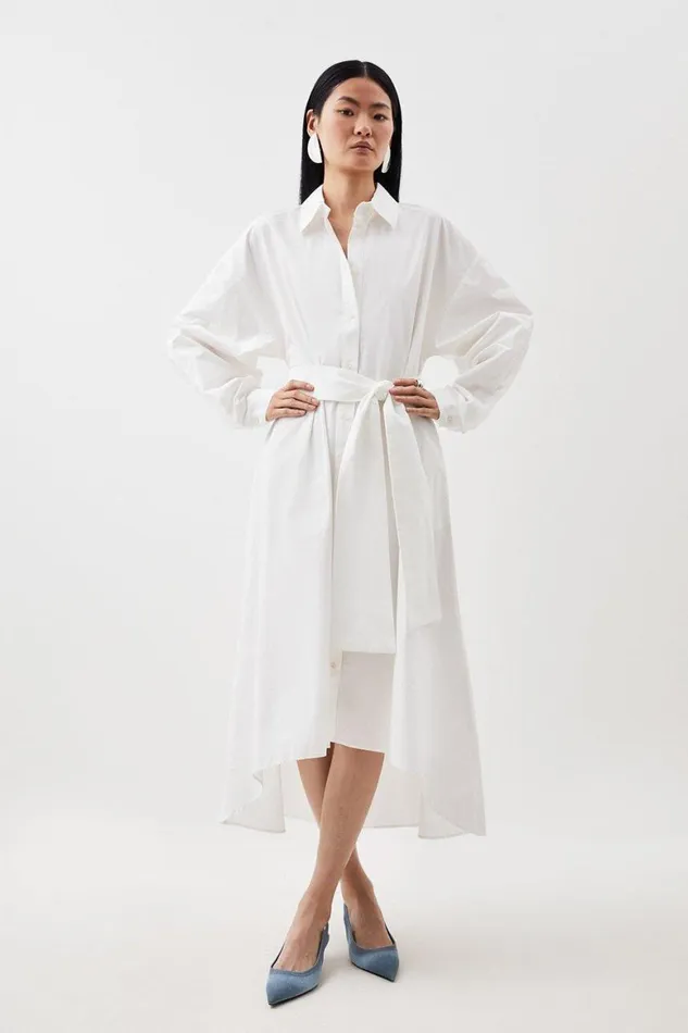 Dresses Women Karen Millen Poplin Wide Sleeve Belted Shirt Midi Dress Ivory