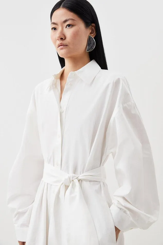 Dresses Women Karen Millen Poplin Wide Sleeve Belted Shirt Midi Dress Ivory