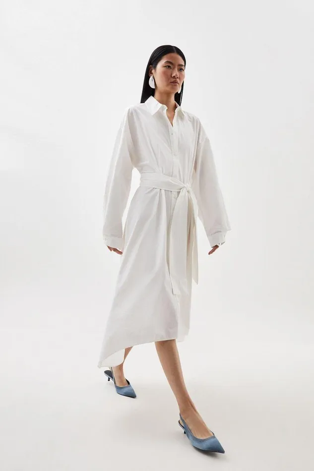 Dresses Women Karen Millen Poplin Wide Sleeve Belted Shirt Midi Dress Ivory